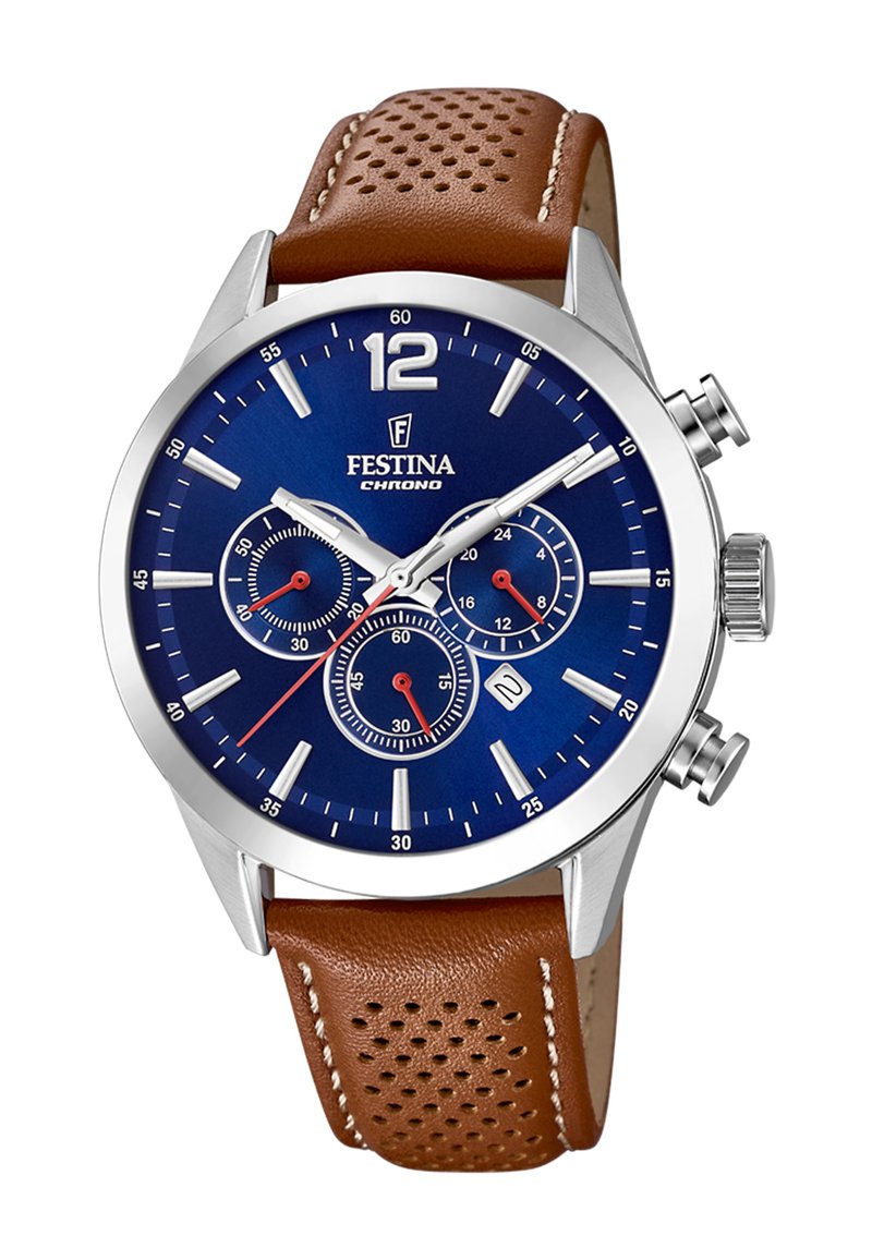 Srebrno nerjaveče jeklo ohišje ure z modrim številčnico, dvema rdečima podštevilčnicama, belimi oznakami in rjavim perforiranim usnjenim trakom.