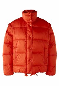 Doudoune rouge avec un col montant, un design matelassé et des boutons-pression. Elle est dotée d'un cordon élastique à la taille et de poches latérales.