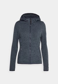 Mörkblå zip-up jacka med huva, tillverkad av texturerat tyg, med två sidofickor och en figursydd design.