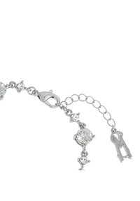 Silberarmband mit runden klaren Kristallen, einem Karabinerhaken und einem Kettenverlängerer. Verfügt über glatte Metallglieder und ein hochglänzendes Finish.