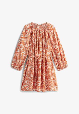 Orange blomsterprintkjole med en rynket hals, lange puffede ærmer og en afslappet pasform, lavet af let vævet stof med en lys baggrund.