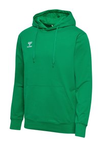 Felpa verde con cappuccio realizzata in tessuto morbido, dotata di una tasca frontale, cordini e un piccolo logo nell'area della parte superiore sinistra del petto.