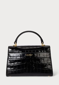 Czarna, błyszcząca torebka z teksturą krokodyla. Posiada górną rączkę oraz złote akcesoria. Logo wyświetlone z przodu. Prostokątny kształt.