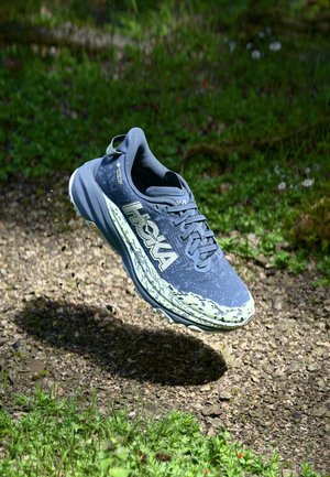 Blue and gray Hoka running shoe suspended above gravel trail surrounded by green grass and small wildflowers.