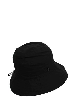 Black bucket hat featuring a soft fabric, a rounded crown, wide downward brim, and an adjustable drawstring on the side.