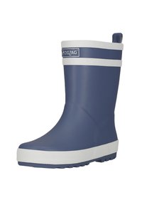 Bottillon de pluie en caoutchouc marine avec des rayures blanches horizontales, une semelle texturée et une languette à l'arrière pour un enfilage facile. Design léger.