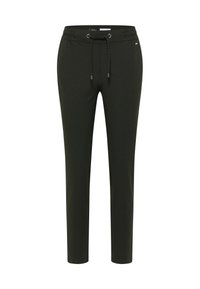 Donkergroene joggingbroek gemaakt van zacht, rekbaar materiaal. Voorzien van een elastische tailleband met trekkoord en smalle, taps toelopende pijpen.