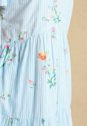 Light blue and white vertical striped fabric with pink, yellow, and green floral patterns on gathered dress sections.