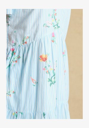 Light blue and white vertical striped fabric with pink, yellow, and green floral patterns on gathered dress sections.