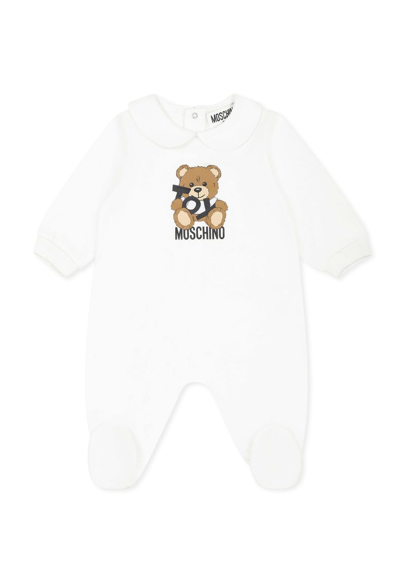 Body bianco per neonato con colletto rotondo, caratterizzato da una grafica di un orsetto marrone e il testo 'Moschino'. Tessuto morbido, maniche lunghe e design con piedi.