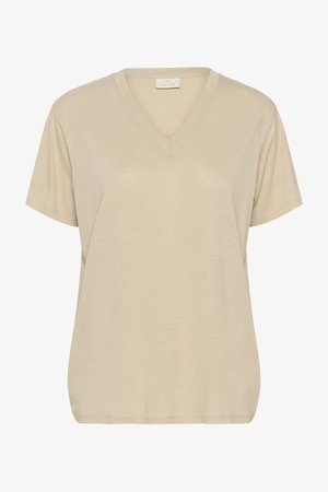 Tricou bej cu guler în V, fabricat dintr-un material moale. Dispune de mâneci scurte și o croială lejeră. Design simplu, fără modele sau accente vizibile.
