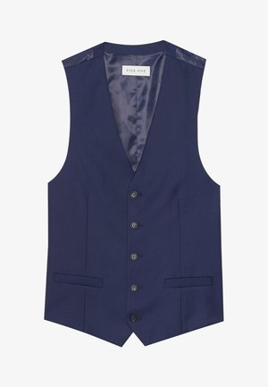 Marinevest met een gladde textuur, vijf knopen, twee voorkleding zakken en een satijnen voering met een label waarop "PIER ONE" staat.
