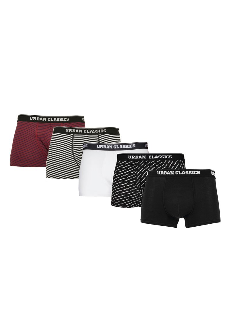 Fünf Paare Herren-Boxershorts in verschiedenen Farben: rot gestreift, schwarz-weiß gestreift, einfarbig weiß und schwarz mit Logo-Print. Elastische Bündchen.