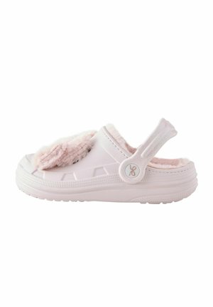 White rubber clog with soft pink fuzzy lining and adjustable back strap, side view on a white background.