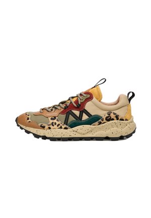 Zapatillas gruesas con paneles multicolores que incluyen beige, oliva, mostaza, burdeos, verde, estampado de leopardo y suela de beige moteado con profundidad negra.