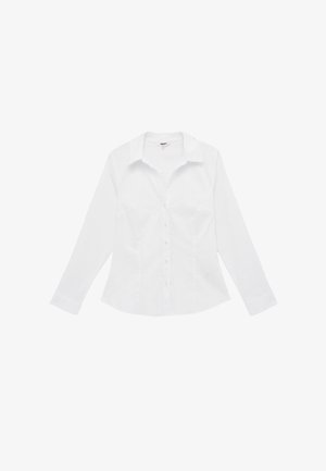 Valkoinen, pitkähihainen nappipaita, jossa on terävä kaulus, istutettu vyötärö ja yksinkertainen muotoilu, aseteltuna tasaisesti valkoisen taustan päälle.