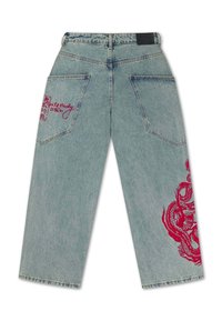 Light blue denim wide-leg jeans with back pockets, red embroidery on left pocket and lower right leg, and a black waistband label.