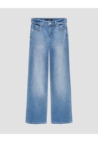 Jeans en denim bleu clair à jambes larges. Présente une fermeture à bouton, passants de ceinture et poches avant avec un détail de délavage.