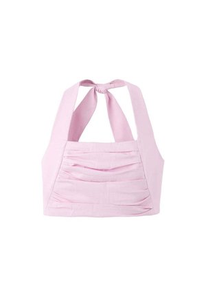 Top court licou rose clair avec un nœud noué au niveau du cou et un détail en tissu plissé horizontal à l'avant.