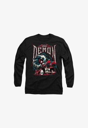 Black long-sleeve t-shirt featuring a colorful graphic of a cartoonish figure driving a vintage car with the text "Speed Demon".