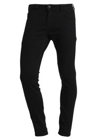 Black skinny jeans made from denim, featuring a slim fit, traditional five-pocket design, and a classic button front closure.