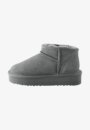 Gray suede ankle boots with a soft furry lining, featuring a rounded toe and a textured rubber sole with visible tread design.