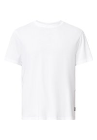 T-shirt bianco in cotone con colletto rotondo, maniche corte, vestibilità rilassata e una piccola etichetta del marchio sul lato inferiore. Senza motivi né grafiche.