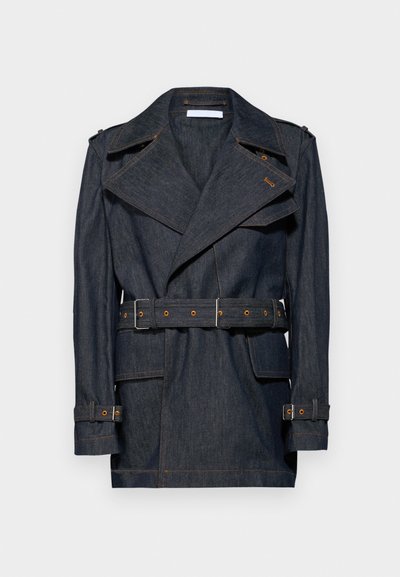 Denim trench coat with wide lapels, cropped sleeves, and a belted waist. Features contrast stitching and large front pockets.