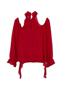 Rote Bluse aus leichtem Stoff mit hohem Kragen, offenen Schultern, langen Ärmeln mit Rüschen und Bindebändern am Saum.