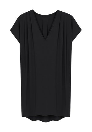 Black V-neck top with short sleeves, featuring pleated detailing at shoulders and a slightly curved hem. Made from a smooth, lightweight fabric.