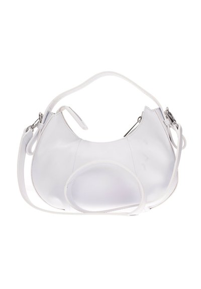 Borsa a tracolla in pelle bianca con forma curva, dotata di una lunga tracolla, chiusura con zip e uno dettaglio a foro ovale nella parte anteriore. Texture liscia.