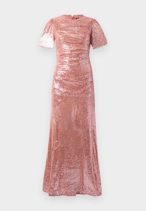 Läskande långklänning i roséguld med paljetter, korta ärmar, rund halsringning och subtil veckad detaljering på bodice och midja.