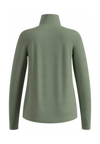 Langärmliger olivgrüner Pullover mit hohem Kragen und sichtbaren Nähten, von hinten vor einem weißen Hintergrund gezeigt.