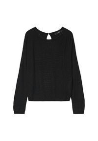 Pull en maille noir à manches longues, col rond et détail en forme de trou de serrure au dos. Texture douce et coupe décontractée. Design simple et épuré.