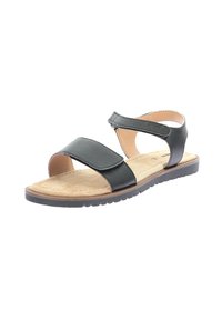 Sandali neri in pelle con due larghe cinghie e una soletta imbottita beige. La suola è testurizzata con una leggera battistrada per una migliore aderenza.