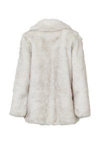 Cappotto in pelliccia sintetica di colore crema con un esterno morbido e testurizzato, caratterizzato da un ampio colletto e maniche lunghe. Vista posteriore, senza decorazioni.
