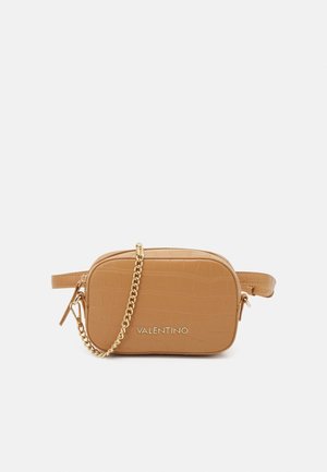 Tan leather crossbody bag with crocodile texture, gold-tone chain strap, top zip closure, and embossed "VALENTINO" logo on front.