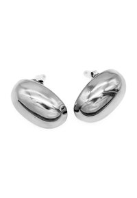 Orecchini a cerchio metallici argento con una superficie lucida e riflettente, caratterizzati da una forma ovale liscia e chiusure a perno sicure.