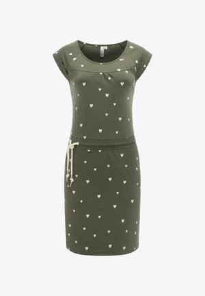 Olivgrünes kurzärmeliges Kleid mit weißen Herzmotiven und weißem Kordelzug in der Taille, knieumspielend, mit rundem Ausschnitt.