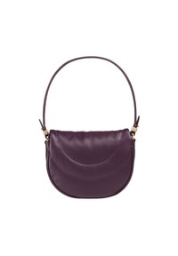 Purple leather shoulder bag with a curved design, featuring a flat top, a thin strap, and gold-toned hardware accents.