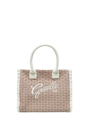 Borsa tote rettangolare in tessuto beige e bianco con due manici e la scritta "Gaelle Paris" ricamata sul davanti al centro.