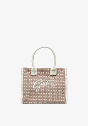 Bolso tote rectangular tejido en beige y blanco con dos asas y "Gaelle Paris" bordado en el centro frontal.