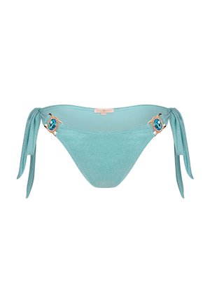 Slip bikini blu chiaro realizzato in materiale scintillante, con laccetti regolabili e dettagli decorativi con pietre blu ai lati.