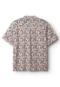 Kurzärmeliges Hemd mit floralem Muster in Beige- und Dunkelblau-Tönen, aus leichtem Stoff gefertigt und mit Kragen.