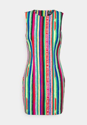 Ärmelloses Bodycon-Kleid mit vertikalen Streifen in Pink, Grün, Blau und Rot, verziert mit weißen Textdetails und einem runden Halsausschnitt.