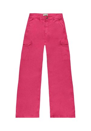 Roze cargobroek met een relaxte pasvorm, voorzien van brede benen, twee zijzakken en een knoopsluiting bij de taille. Katoenen stof.