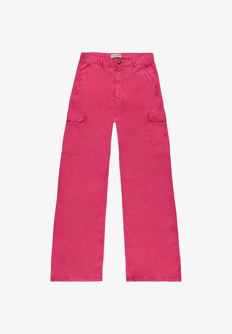 Roze cargobroek met een relaxte pasvorm, voorzien van brede benen, twee zijzakken en een knoopsluiting bij de taille. Katoenen stof.
