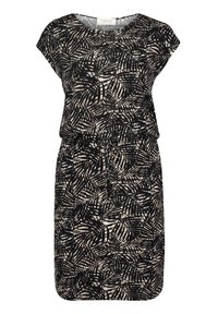 Svart och vit klänning med ett mönster av palmblad, korta ärmar, rund hals, lös passform och elastisk midja för justerbar storlek.