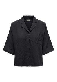 Black short-sleeve button-up shirt with a textured pattern, notched collar, and one chest pocket. Made from a lightweight fabric.