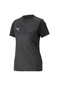 Maillot de sport noir avec un col en V, des manches courtes et un motif texturé avec différentes nuances. Logo sur la poitrine, fabriqué à partir d'un matériau respirant.